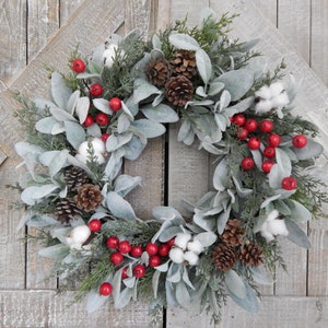 Farmhouse Christmas Wreath - Lambs Ear Cotton Winter Wreath - Christmas Red Berry Wreath - Winter Front Door Wreath