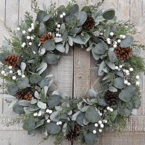 Winter Lambs Ear Wreath for Front Door, Eucalyptus and Cedar Christmas ...