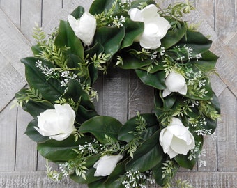 Magnolia Wreath for Front Door, Spring and Summer Wreath, All Seasons Greenery and White Berry Wreath, Farmhouse Year Round Wreath