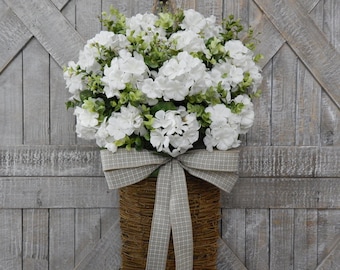 Summer Front Door Wreath - White Geranium Hanging Basket -  Spring Eucalyptus Floral Wreath