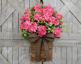 Spring Wreath for Front Door - Pink Geranium Door Basket -  Spring Eucalyptus Floral Wreath