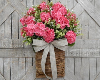 Pink Geranium Door Basket- Spring Front Door Wreath -  Summer Eucalyptus Floral Wreath