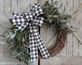 Olive Wreath for Everyday Year Round, Farmhouse Olive Branch Wreath with Buffalo Check Bow - All Seasons Front Door Wreath