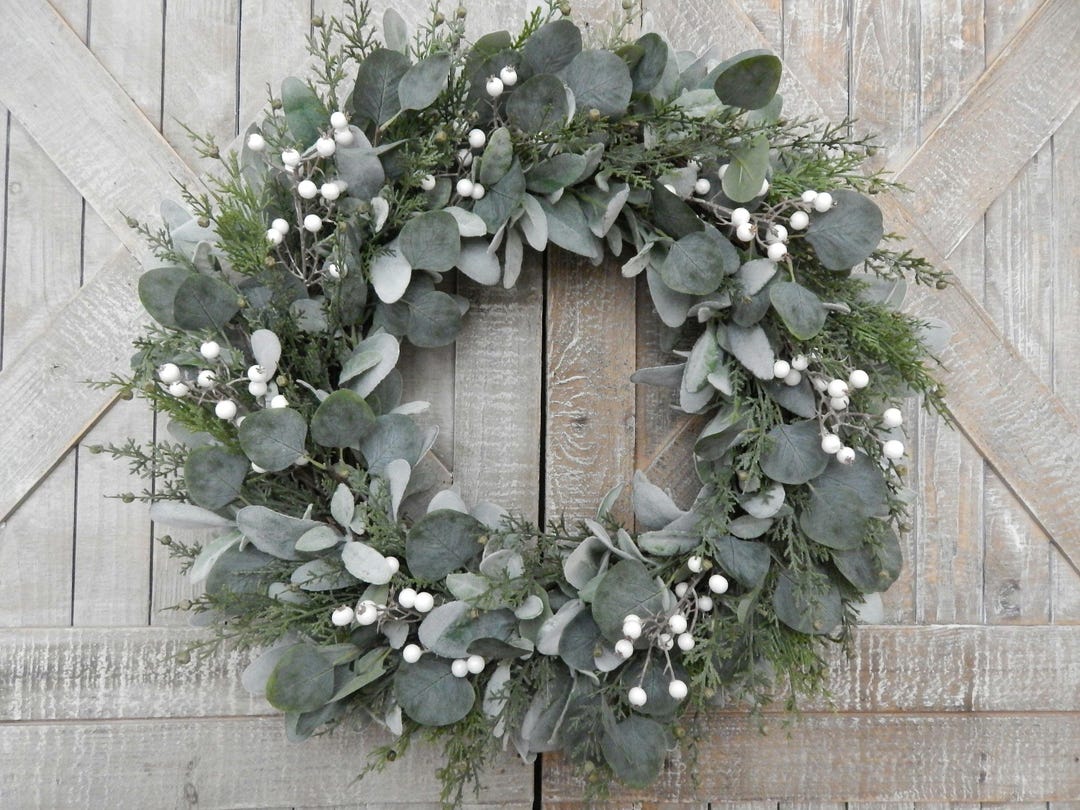 Winter Lambs Ear Wreath for Front Door, Eucalyptus and Cedar Christmas ...