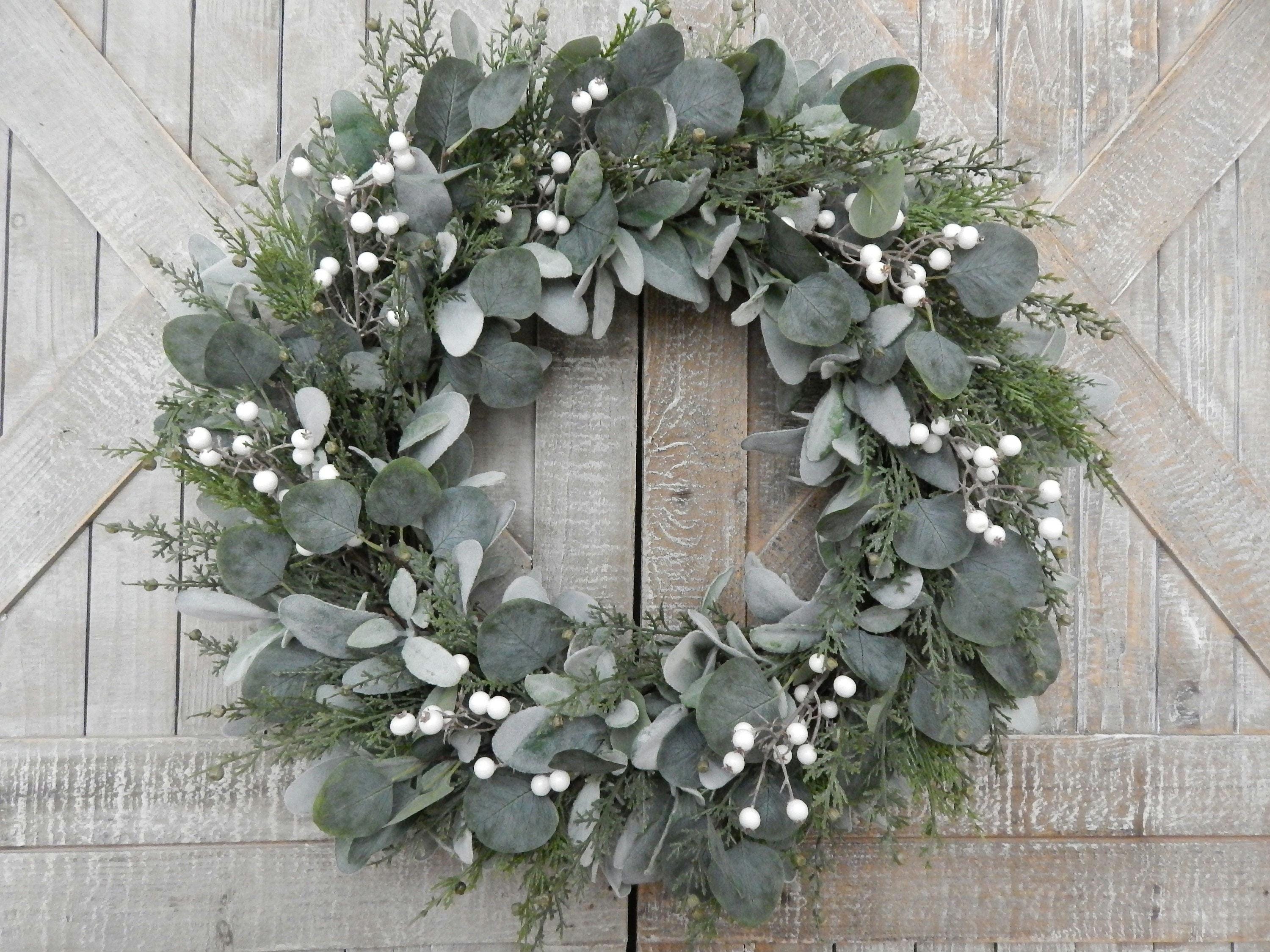 Winter Lambs Ear Wreath for Front Door, Eucalyptus and Cedar Christmas ...