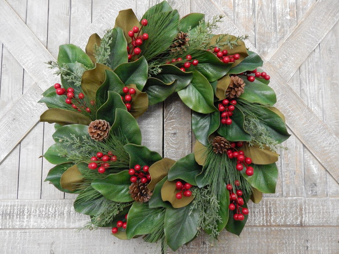 Christmas Magnolia Wreath With Red Berries and Pinecones, Winter Pine