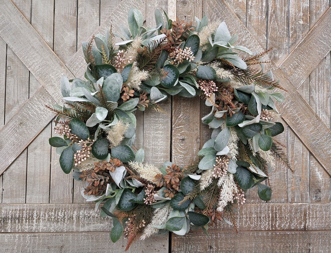 Eucalyptus and Lambs Ear Wreath, Boxwood Pampas and Berry Wreath ...