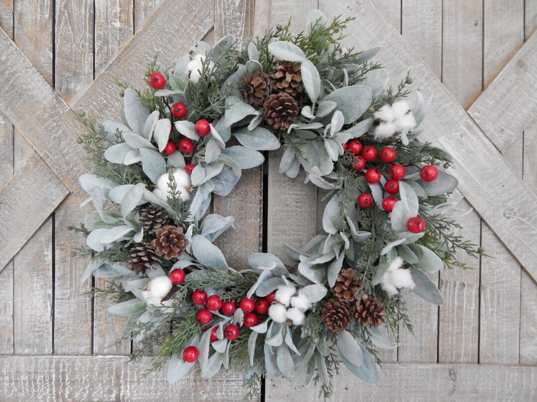 Farmhouse Christmas Wreath - Lambs Ear Cotton Winter Wreath - Christmas ...