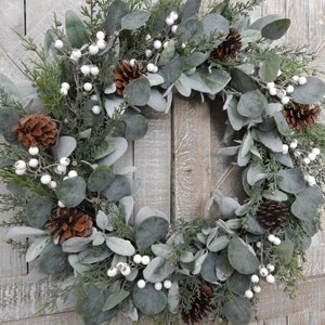 Winter Lambs Ear Wreath for Front Door, Eucalyptus and Cedar Christmas ...