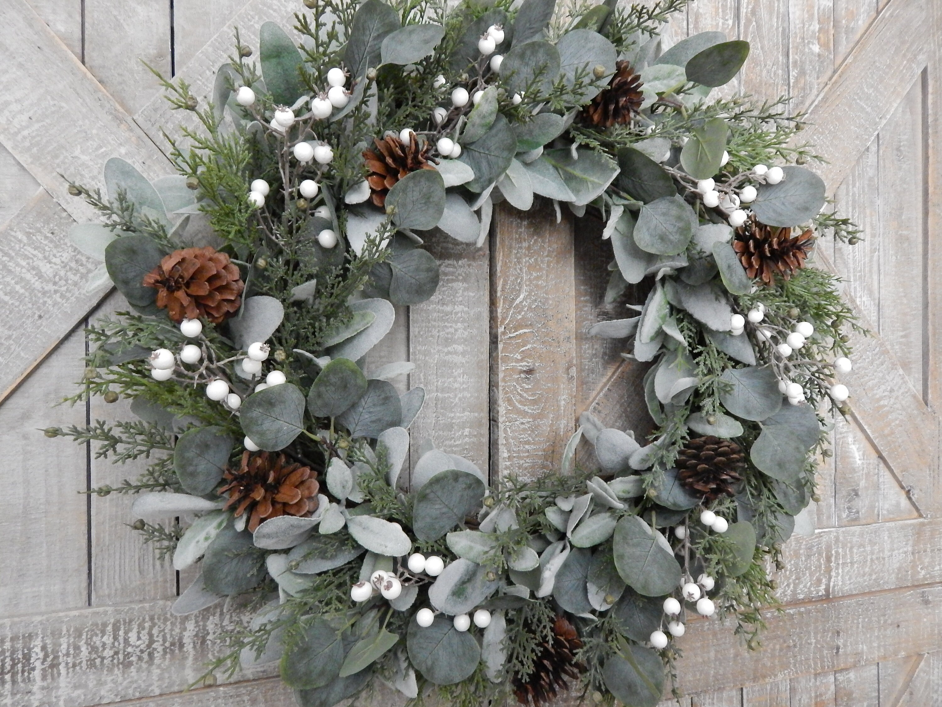 Winter Lambs Ear Wreath for Front Door, Eucalyptus and Cedar Christmas ...