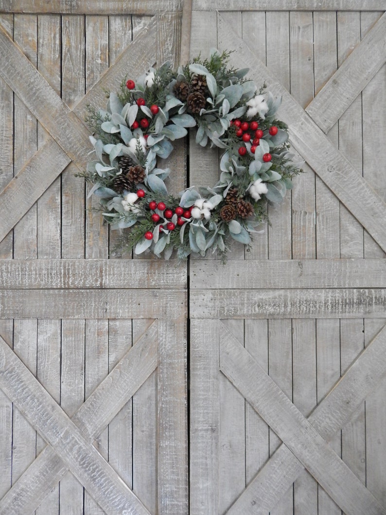Farmhouse Christmas Wreath - Lambs Ear Cotton Winter Wreath - Christmas ...