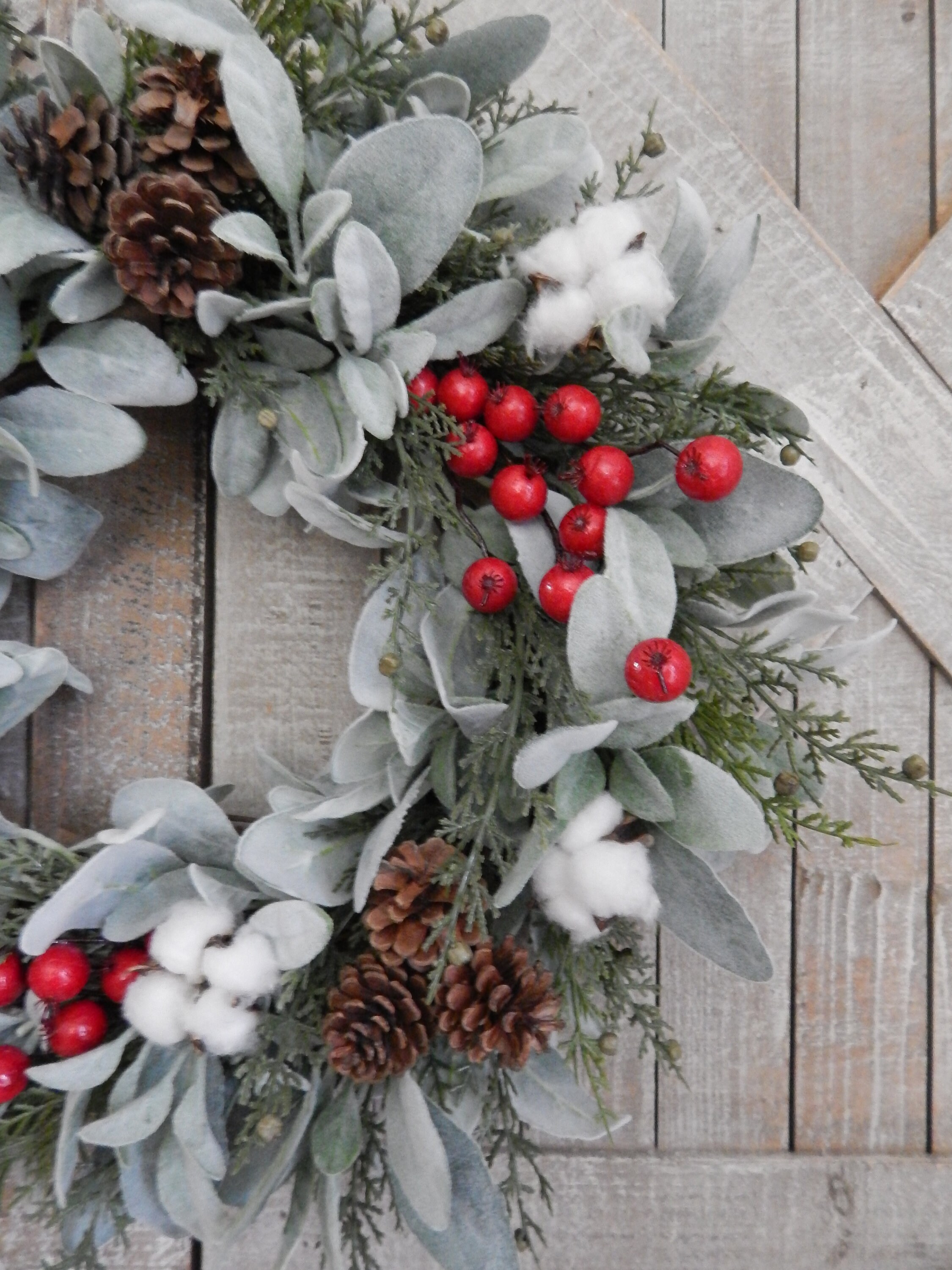 Farmhouse Christmas Wreath - Lambs Ear Cotton Winter Wreath - Christmas ...