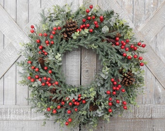 Farmhouse Christmas Greenery Wreath -  Eucalyptus Winter Wreath - Red Berry Front Door Wreath