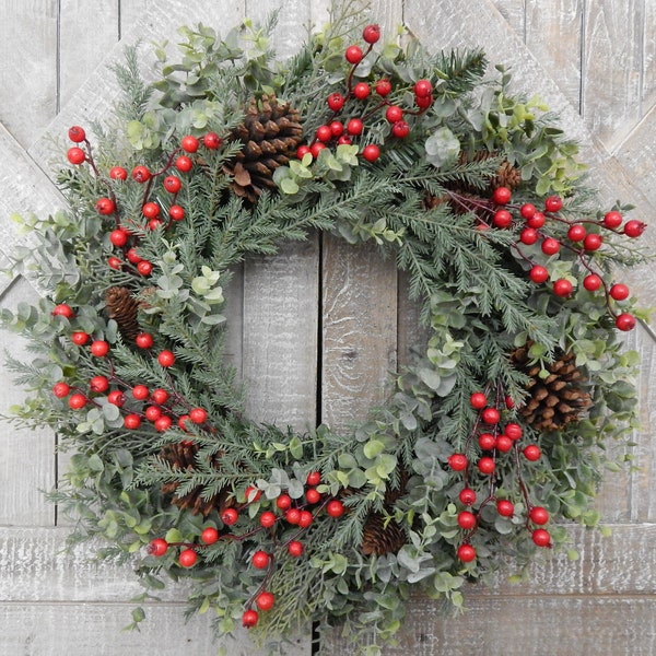 Farmhouse Christmas Greenery Wreath -  Eucalyptus Winter Wreath - Red Berry Front Door Wreath