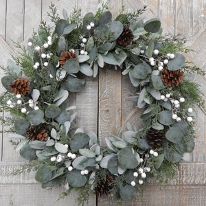 Winter Lambs Ear Wreath for Front Door, Eucalyptus and Cedar Christmas ...