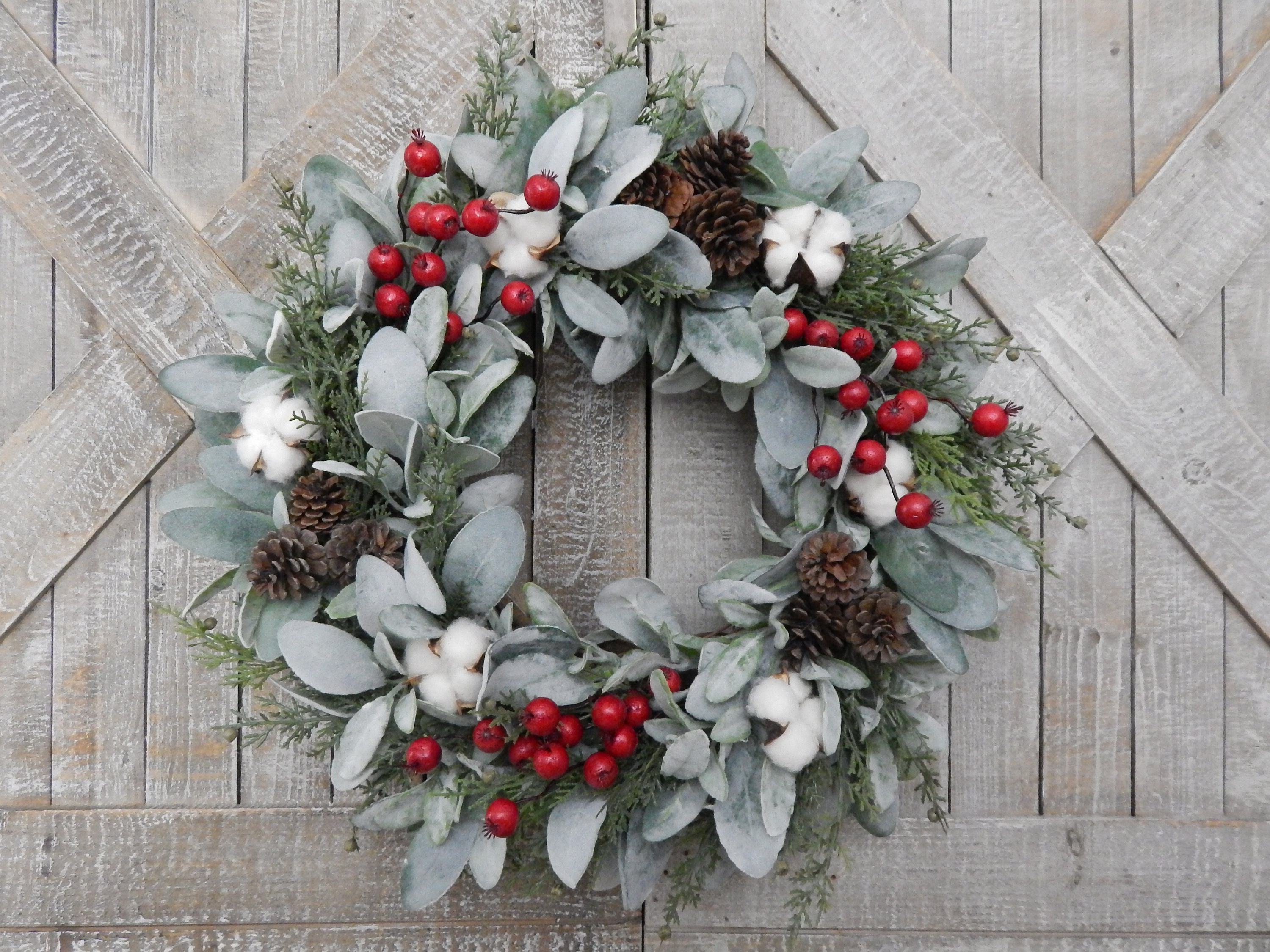 Farmhouse Christmas Wreath - Lambs Ear Cotton Winter Wreath - Christmas ...