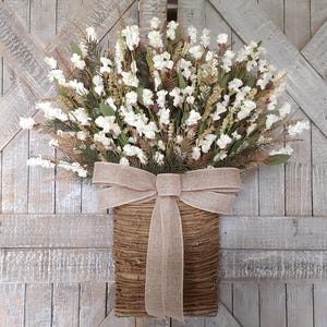 Rustic Country Door Basket, Everyday Cream and Brown Wreath, Farmhouse Wall Decor, Neutral Wildflower Floral Arrangement