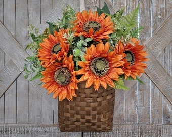 Fall Sunflower Wreath, Floral Front Door Basket, Modern Farmhouse Door Decor