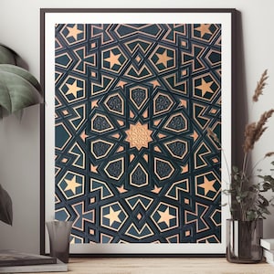 Islamic Geometric Wall Art, Green and Gold Moroccan Star Print, Arabesque Mosaic Tile Decor, Modern Muslim Home Gift, Luxury Printable Art