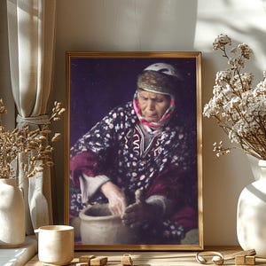 May include: A woman wearing a patterned headscarf and a floral patterned shirt is working with clay to create a pot. She is using her hands to shape the clay.