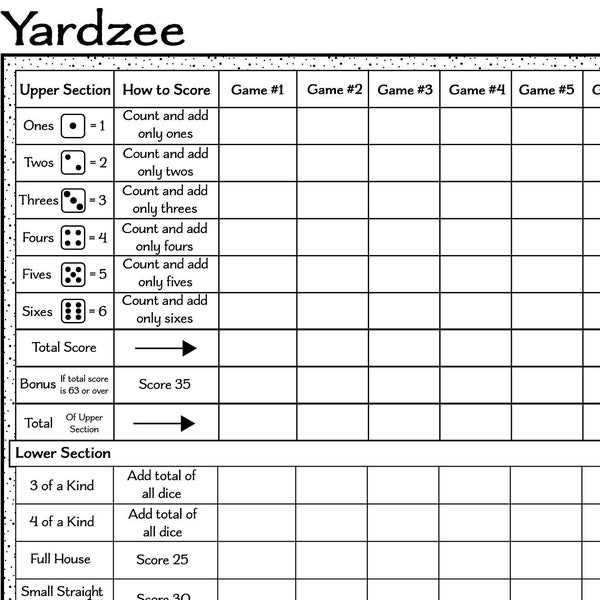 Feuille de pointage Yardzee - téléchargeable, imprimable 2 UP sur A4