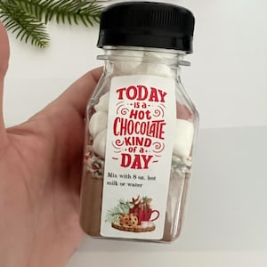 Pu&ograve; includere: Una bottiglia di plastica trasparente piena di miscela per cioccolata calda, marshmallow e bastoncini di zucchero. La bottiglia ha un tappo nero e un'etichetta bianca che dice "TODAY is a HOT CHOCOLATE KIND of a DAY. Mix with 8 oz. hot milk or water".
