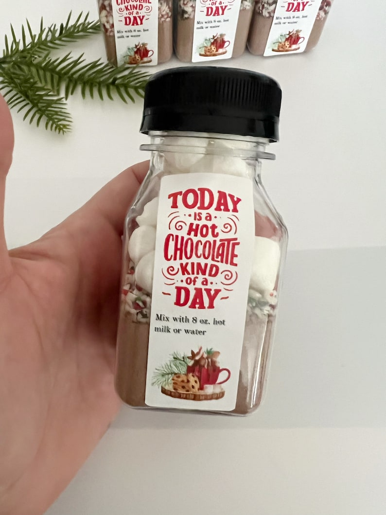Pu&ograve; includere: Una bottiglia di plastica trasparente piena di miscela per cioccolata calda, marshmallow e bastoncini di zucchero. La bottiglia ha un tappo nero e un'etichetta bianca che dice "TODAY is a HOT CHOCOLATE KIND of a DAY. Mix with 8 oz. hot milk or water".