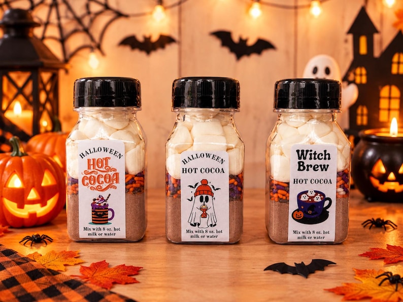 May include: Three clear plastic bottles filled with layers of hot cocoa mix, colorful sprinkles, and white marshmallows. Each bottle has a black cap and a white label with Halloween-themed graphics and text, including instructions to mix with 8 oz. hot milk or water.