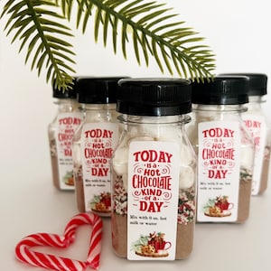 Pu&ograve; includere: Quattro barattoli di plastica trasparente pieni di miscela per cioccolata calda, marshmallow e bastoncini di zucchero. Ogni barattolo ha un'etichetta bianca con testo rosso che dice "TODAY is a HOT CHOCOLATE kind of a DAY".