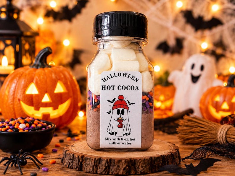 May include: A clear plastic jar filled with layers of hot cocoa mix, colorful sprinkles, and white marshmallows. The label reads HALLOWEEN HOT COCOA with a ghost illustration and instructions to mix with 8 oz. of hot milk or water.