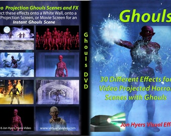 Könnte beinhalten: DVD-Hülle mit grünem Titel "Ghouls" und einem Ghul-Bild. Die Rückseite der Hülle zeigt einen Projektor und den Text "30 verschiedene Effekte für Horror-Szenen mit Ghouls, die mit einem Projektor projiziert werden".