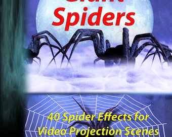 Könnte beinhalten: Ein digitaler Download von 40 Spinnen-Effekten für Videoprojektionsszenen. Das Bild zeigt eine große, schwarze Spinne vor einem Vollmond. Der Text "Giant Spiders" ist in roten Buchstaben über der Spinne geschrieben. Der Text "40 Spider Effects for Video Projection Scenes" ist in schwarzen Buchstaben unter der Spinne geschrieben. Der Text "HD Visual FX by Outrageous Media" ist in schwarzen Buchstaben unter der Spinne geschrieben. Der Text "outragmedia@gmail.com" ist in schwarzen Buchstaben unter der Spinne geschrieben. Der Text "Distributed by MORRIS COSTUMES" ist in schwarzen Buchstaben unter der Spinne geschrieben.