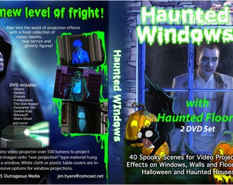 May include: A DVD cover for "Haunted Windows with Haunted Floors", a 2 DVD set featuring 40 spooky scenes for video projection effects on windows, walls, and floors for Halloween and haunted houses. The cover features a black cat with glowing green eyes, a pumpkin, and a man in a white suit looking out a window.