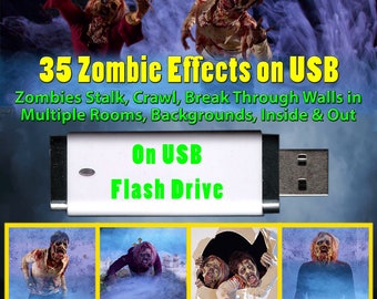 Könnte beinhalten: Ein USB-Stick mit einem weißen Gehäuse und einem schwarzen Stecker. Der Stick ist mit "On USB Flash Drive" beschriftet. Das Bild zeigt außerdem 35 Zombie-Effekte auf USB, mit Zombies, die durch Wände in mehreren Räumen, Hintergründen, innen und außen schleichen, kriechen und brechen. Der Text "DEAD WALKERS" befindet sich oben im Bild. Der Text "HD Visual FX by Outrageous Media outragmedia@gmail.com" befindet sich unten im Bild. Der Text "Distributed by MORRIS COSTUMES" befindet sich unten rechts im Bild.