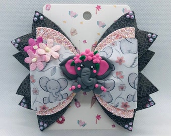 Elephant Hair Bow All occasion hair bow LUKDesignsBoutique Pink and Blue on Alligator Clip Elephant