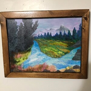 Water/river/mountains/trees Acrylic 19 x 15 w/ frame original beautiful scenery.Made with Love