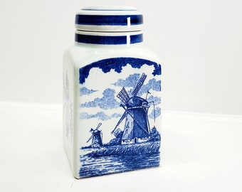 Delft Blauw, Handpainted, Made in Holland, Corked, Lidded, Square Apothecary Jar