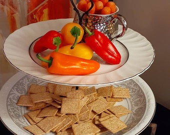 Silver Trimmed Glass and Fine China Serving Tidbit Tray with Dipping Sauce Container