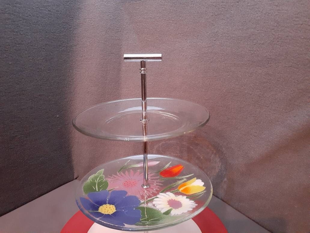 Fusion Art Glass & Noritake Three Tiered Serving Stand Plates / Platters / Cake Stand / Cupcake Stand / Tidbit Tray / Cheese Board