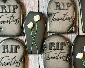 Here Lies your Youth RIP 20s 30s 40s 50s Tombstone and Casket Sugar Cookies