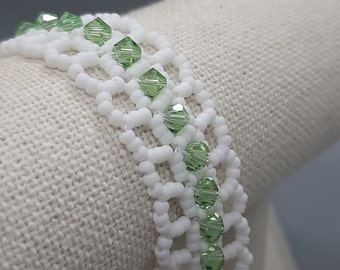 Bracelet Cuir Noir Avec Perles De Verre Vert Néon Et Rondelles Cristal Péridot