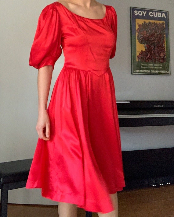 Crimson Red Satin Puff Sleeve Dress