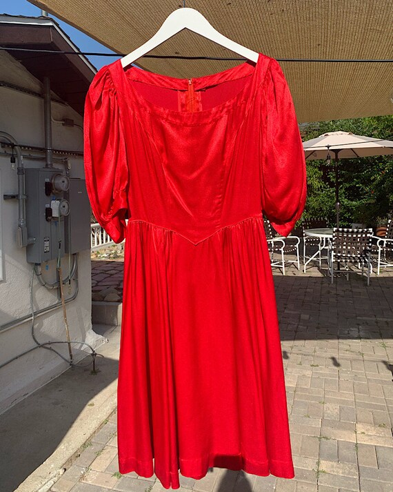 Crimson Red Satin Puff Sleeve Dress - Gem
