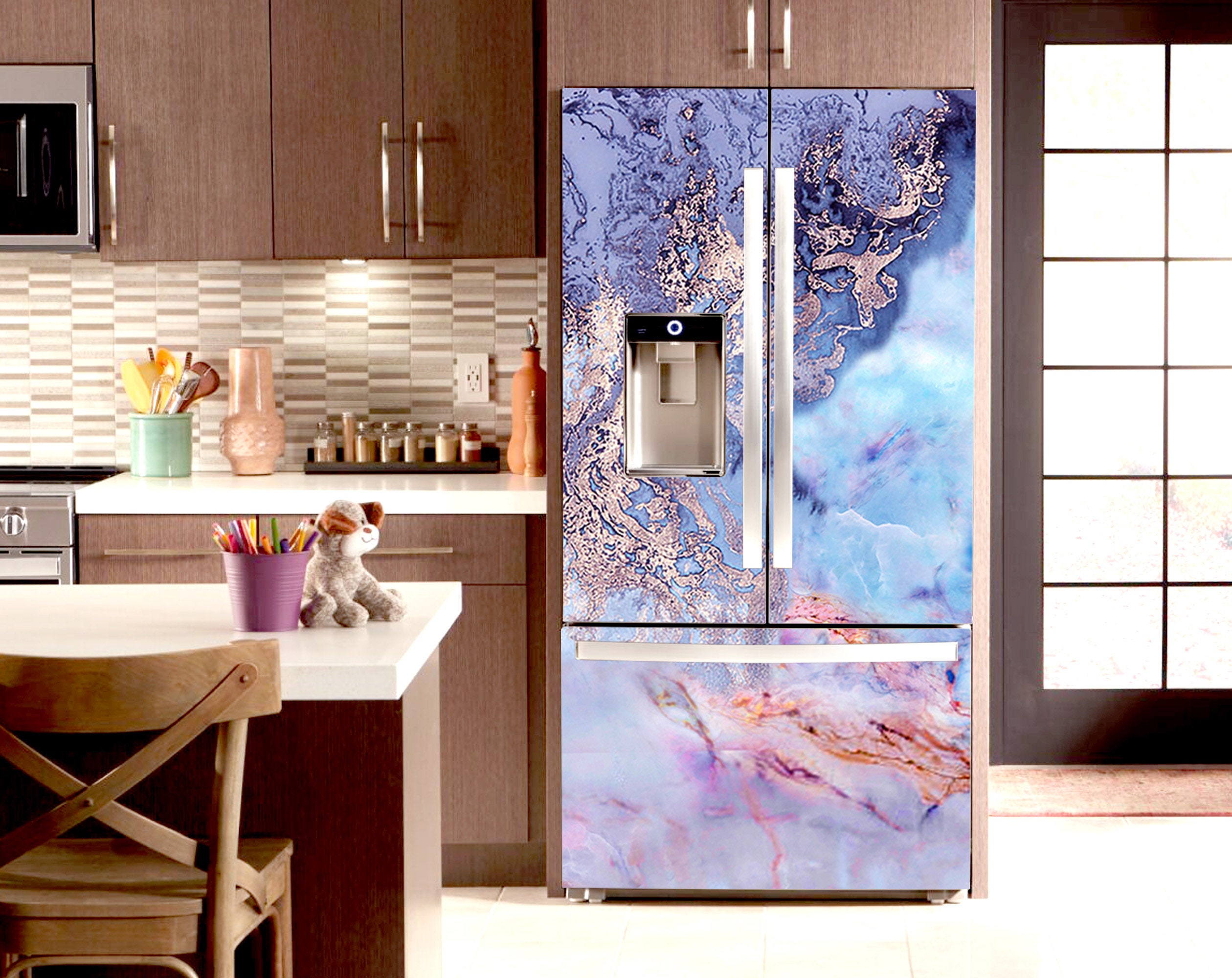 Blue Floral Fridge Wrap, Art Refrigerator Vinyl Sticker, Peel & Stick Fridge  Cover, Removable Decal Dishwasher Kitchen Furniture Decor RD55 