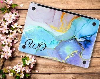 Kleurrijke Marmeren Laptop Skin Aangepaste Naam Initialen Vinyl Decal Dell HP Asus Lenovo Chromebook Acer Laptop Cover Rose Goud Blauwe Laptop Sticker
