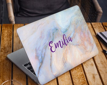 Kleurrijke Marmeren Laptop Skin Aangepaste Naam Initialen Vinyl Decal Dell HP Lenovo Asus Chromebook Acer Laptop Cover Blauw Rose Gouden Laptop Sticker