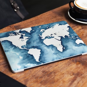 Carte du monde Ordinateur portable Peau Autocollant Ordinateur portable Vinyle Bleu Dell Hp Lenovo Asus Chromebook Acer Ordinateur portable Décalcomanie Couverture Skins pour tous les autocollants d’ordinateur portable