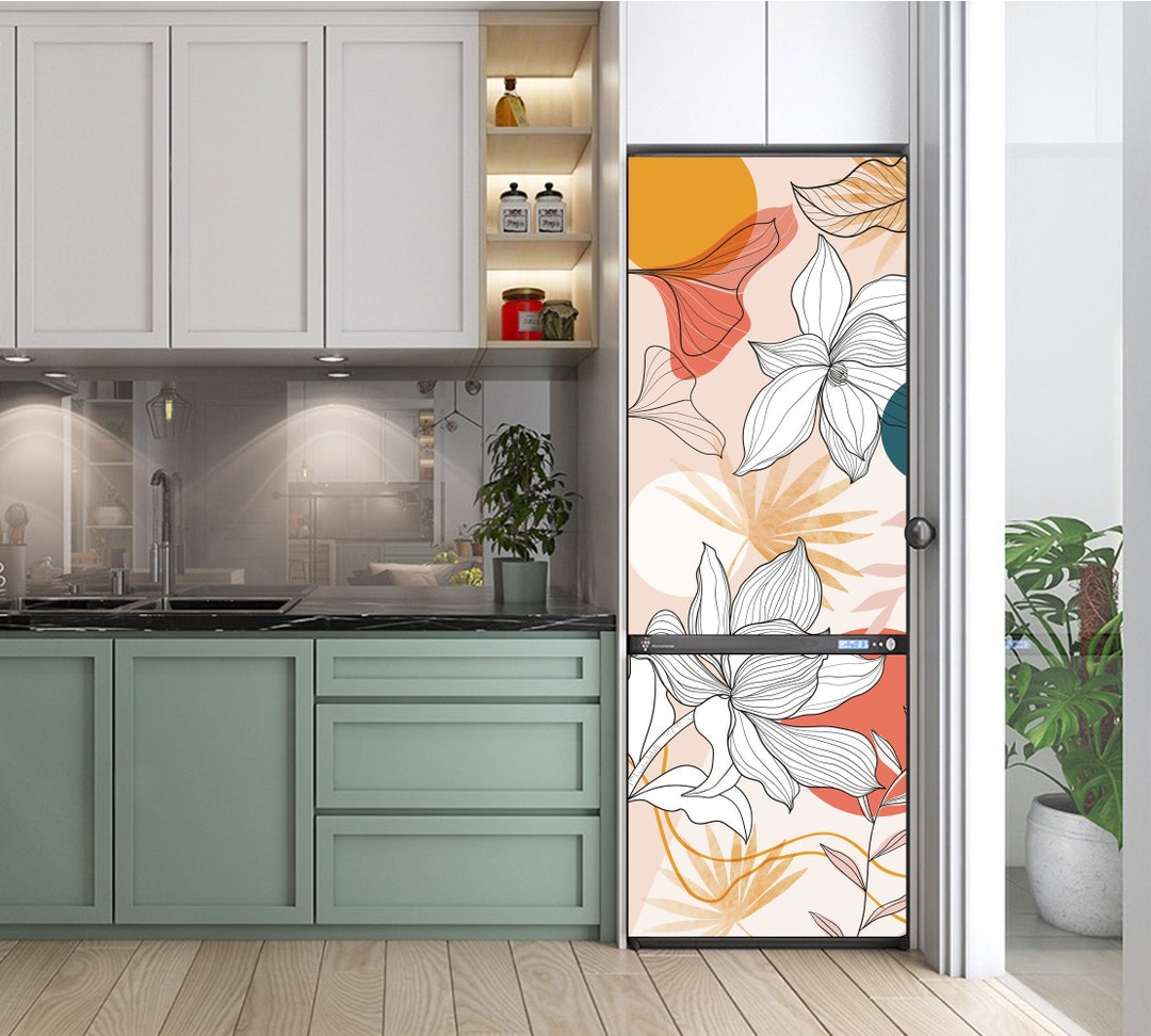 Pattern Flowers With Leaves Vinyl Skin for Fridge Floral Refrigerator ...