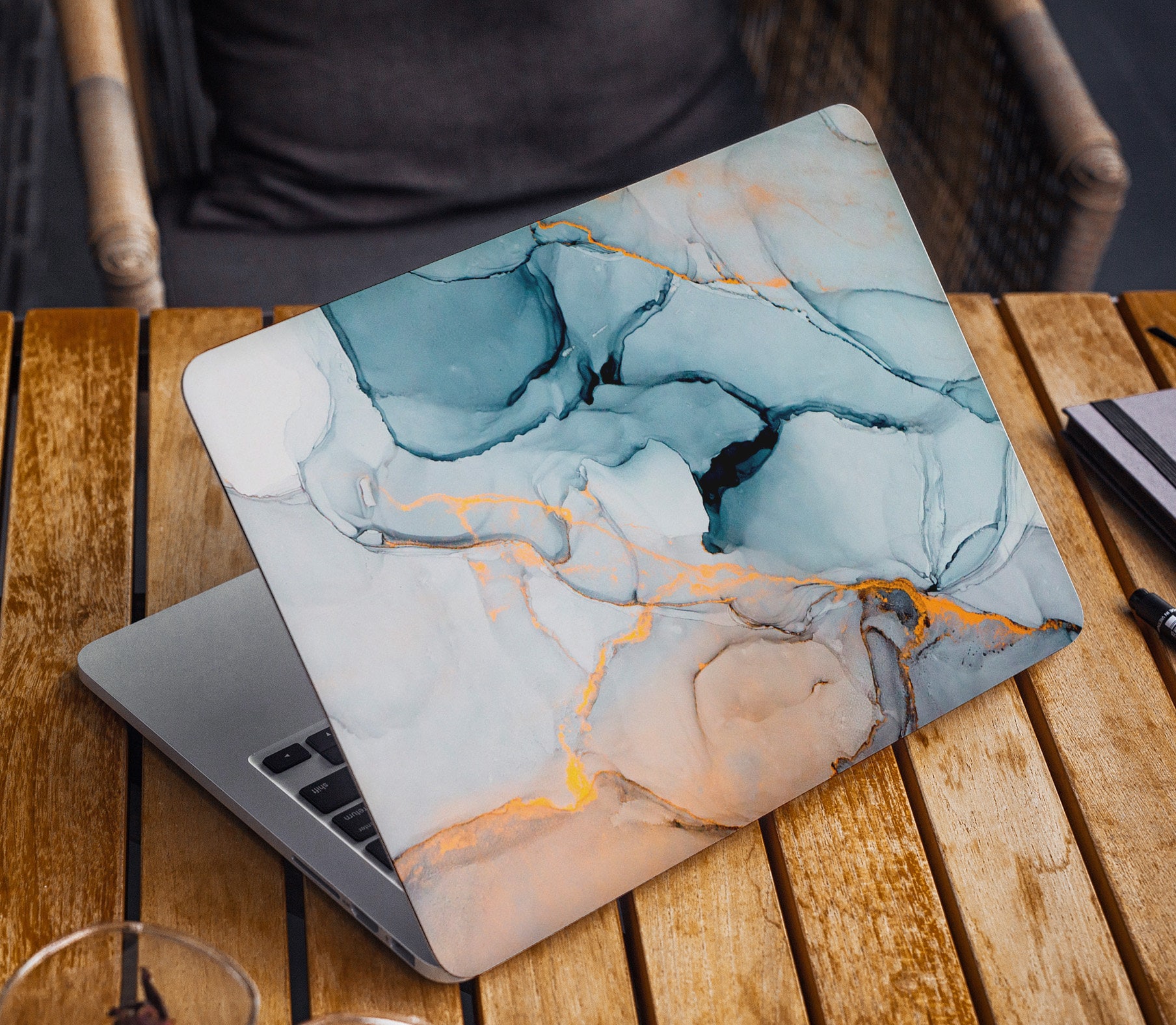 Cold Blue Glacier with Gold Streaks Laptop Skin, Macbook Skin, Computer Decal Sticker Full Coverage Laptop Skin