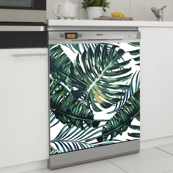 Dishwasher Vinyl Banana Tropical Palm Leaves Pattern Skin Flower Dishwasher Kitchen Floral Vinyl Sticker Kitchen Decor Housewarming Gift